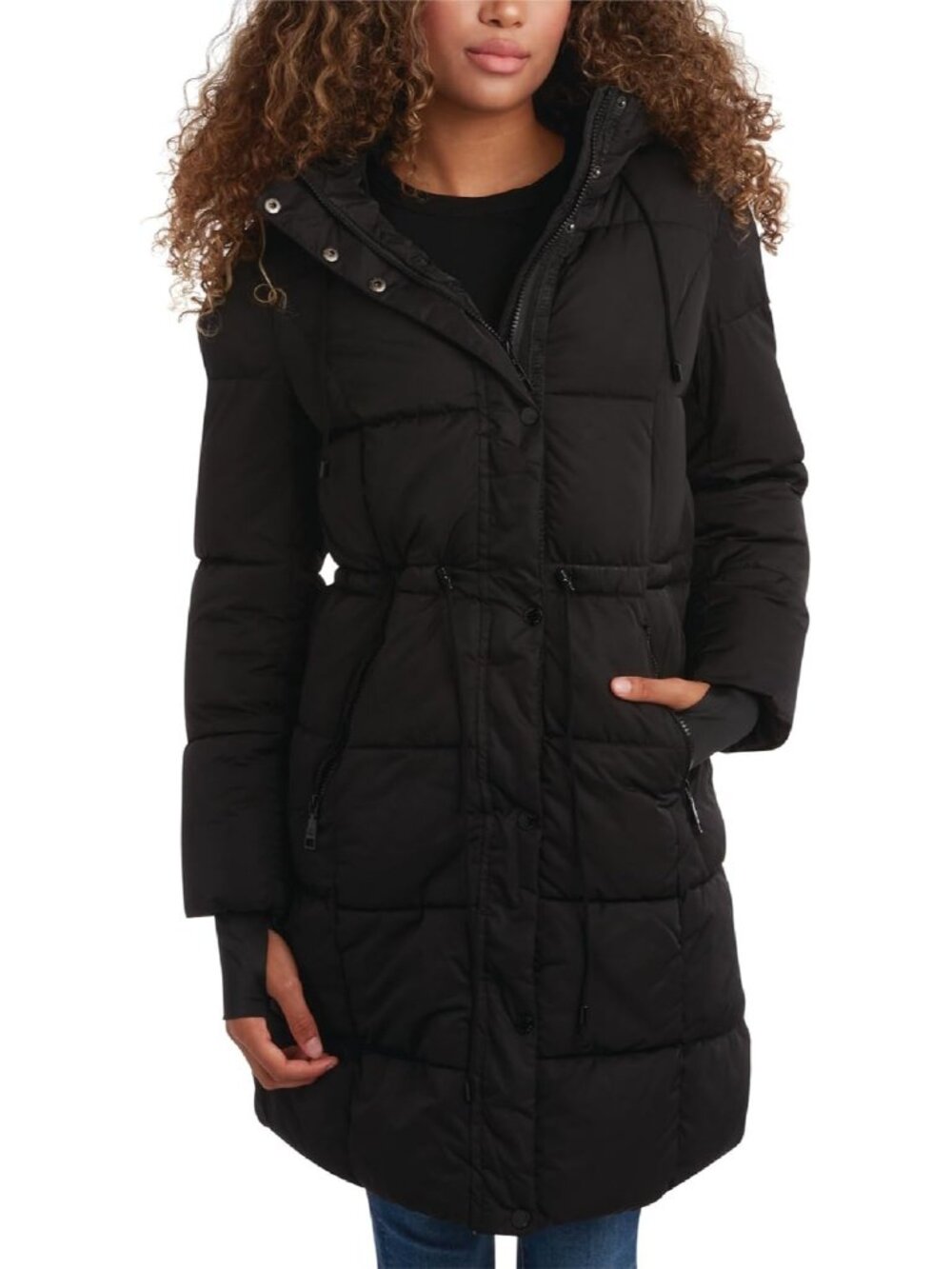 Steve Madden Women's Black Hooded Quilted Insulated Warmth Long Puffer Jacket